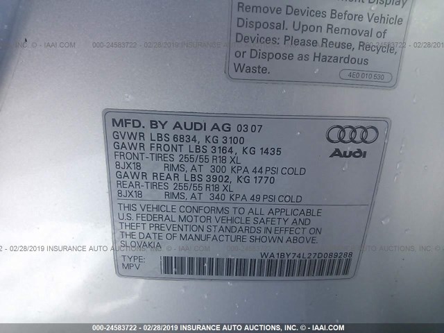 WA1BY74L27D089288 - 2007 AUDI Q7 3.6 QUATTRO PREMIUM SILVER photo 9