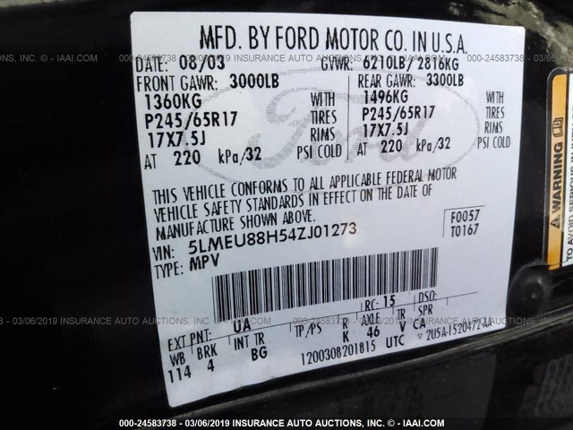 5LMEU88H54ZJ01273 - 2004 LINCOLN AVIATOR 黑色 照片 9