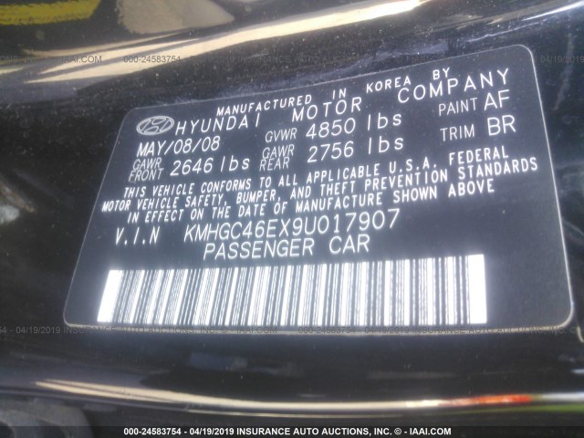 KMHGC46EX9U017907 - 2009 HYUNDAI GENESIS 3.8L BLACK photo 9