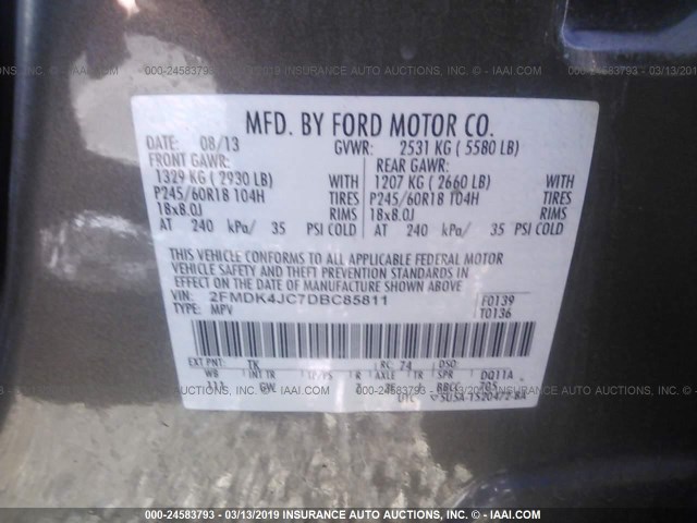 2FMDK4JC7DBC85811 - 2013 FORD EDGE SEL GRAY photo 9