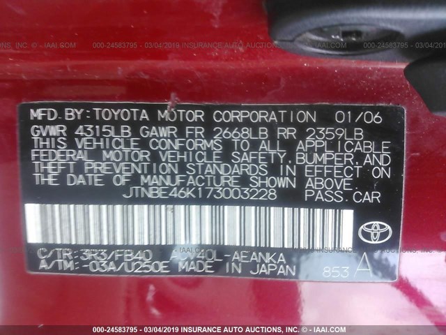 JTNBE46K173003228 - 2007 TOYOTA CAMRY NEW GENERAT CE/LE/XLE/SE RED photo 9