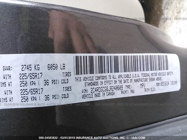 2C4RDGCG6JR240609 - 2018 DODGE GRAND CARAVAN SXT GRAY photo 9