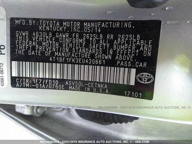 4T1BF1FK3EU420661 - 2014 TOYOTA CAMRY L/SE/LE/XLE 银色 照片 9