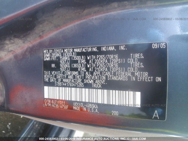 5TBBT44176S475265 - 2006 TOYOTA TUNDRA ACCESS CAB SR5 BLUE photo 9