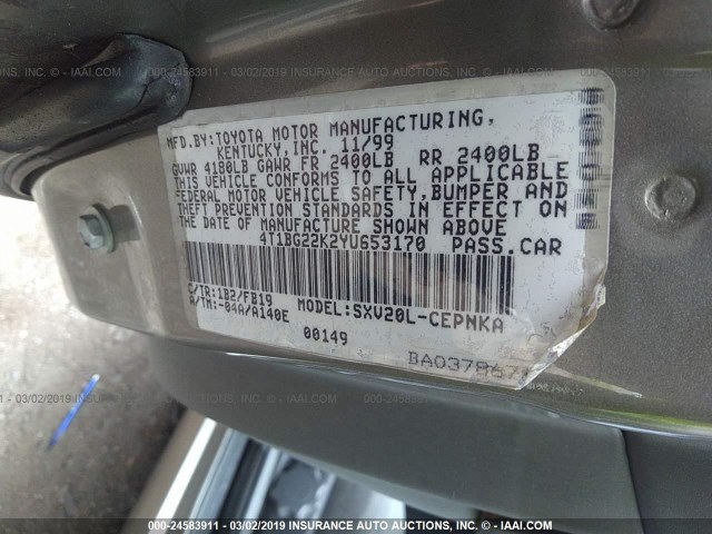 4T1BG22K2YU653170 - 2000 TOYOTA CAMRY CE/LE/XLE 棕色 照片 9