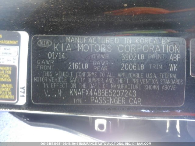 KNAFX4A86E5207243 - 2014 KIA FORTE EX BLACK photo 9