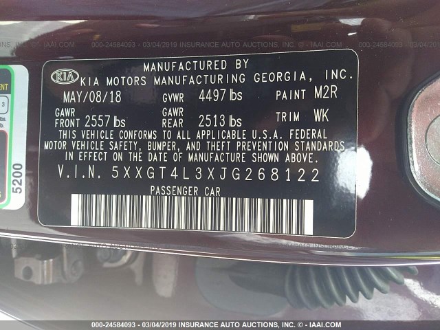 5XXGT4L3XJG268122 - 2018 KIA OPTIMA LX/S MAROON photo 9