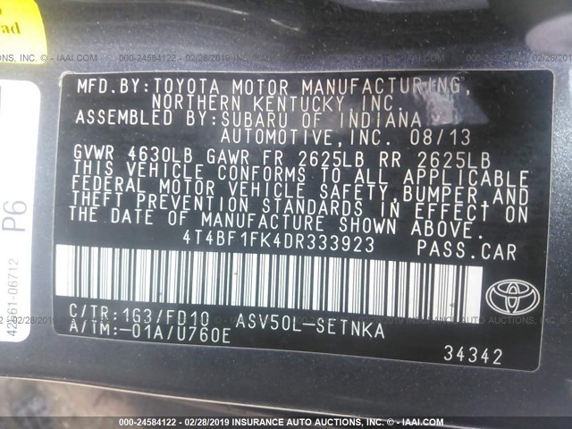 4T4BF1FK4DR333923 - 2013 TOYOTA CAMRY L/SE/LE/XLE GRAY photo 7