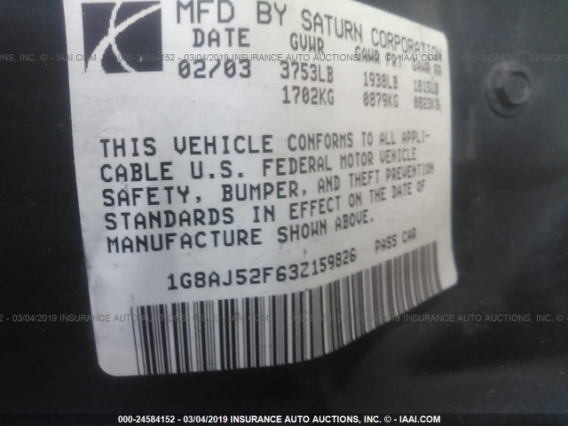 1G8AJ52F63Z159826 - 2003 SATURN ION LEVEL 2 蓝色 照片 9