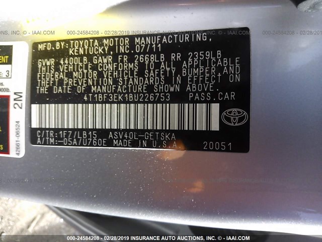 4T1BF3EK1BU226753 - 2011 TOYOTA CAMRY SE/LE/XLE 银色 照片 9