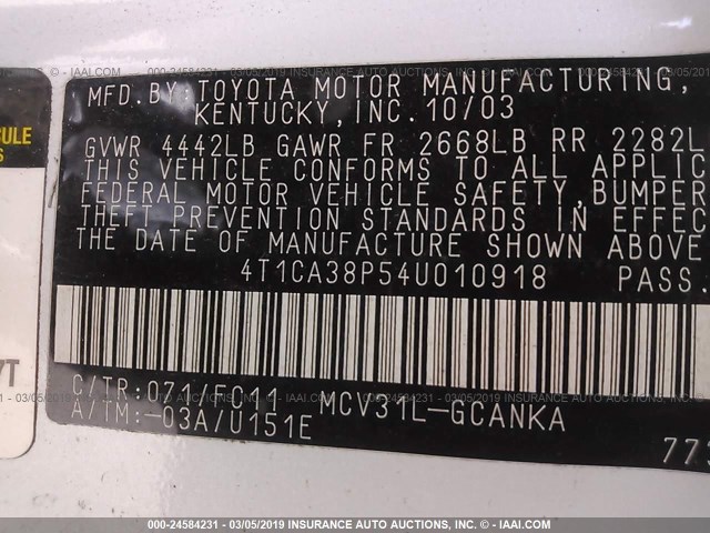 4T1CA38P54U010918 - 2004 TOYOTA CAMRY SOLARA SE/SLE WHITE photo 9