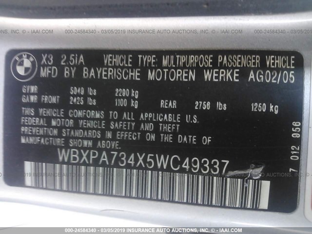 WBXPA734X5WC49337 - 2005 BMW X3 2.5I SILVER photo 9