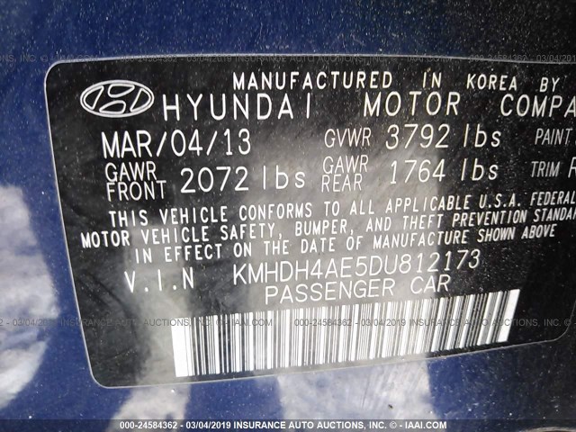 KMHDH4AE5DU812173 - 2013 HYUNDAI ELANTRA GLS/LIMITED BLUE photo 9