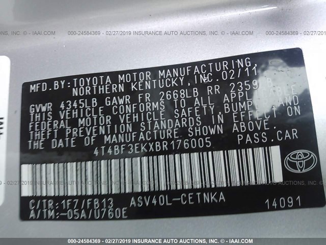 4T4BF3EKXBR176005 - 2011 TOYOTA CAMRY SE/LE/XLE 银色 照片 9