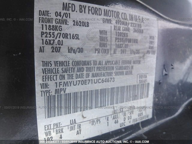 1FMYU70E71UC64673 - 2001 FORD EXPLORER SPORT BLACK photo 9