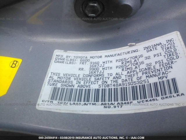 5TDBT48A91S053251 - 2001 TOYOTA SEQUOIA LIMITED GRAY photo 9