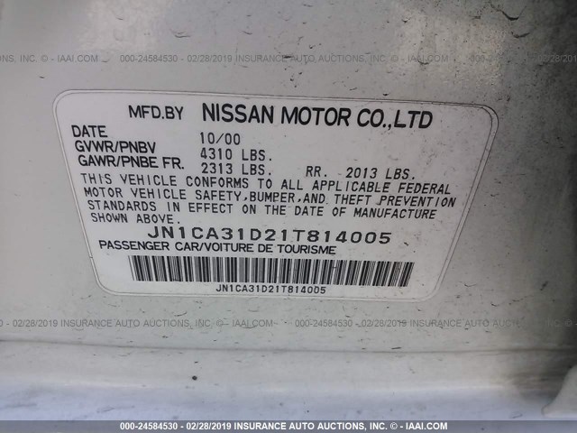 JN1CA31D21T814005 - 2001 NISSAN MAXIMA GXE/SE/GLE/20TH ANNIV WHITE photo 9