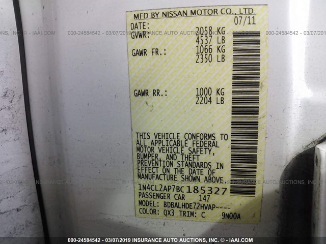 1N4CL2AP7BC185327 - 2011 NISSAN ALTIMA HYBRID WHITE photo 9