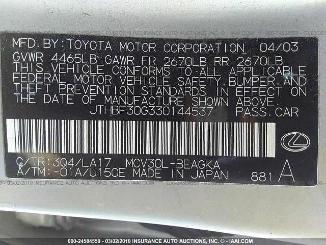 JTHBF30G330144537 - 2003 LEXUS ES 300 SILVER photo 9