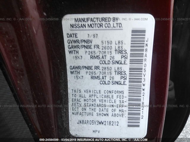 JN8AR05Y3WW218212 - 1998 NISSAN PATHFINDER LE/SE/XE Qırmızı foto 9