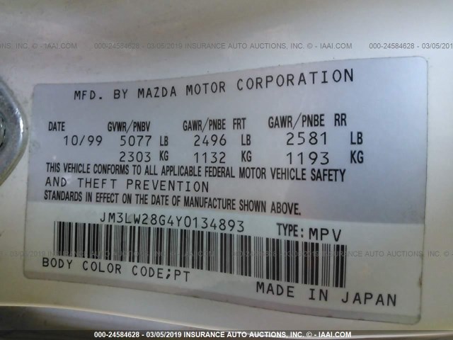 JM3LW28G4Y0134893 - 2000 MAZDA MPV WAGON WHITE photo 9