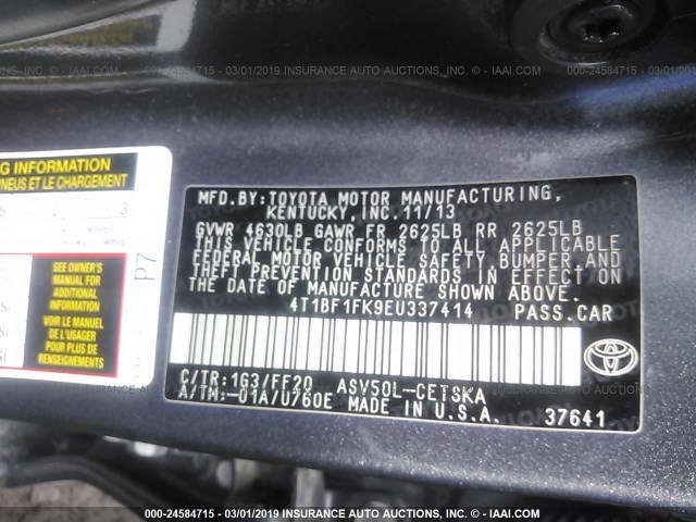 4T1BF1FK9EU337414 - 2014 TOYOTA CAMRY L/SE/LE/XLE GRAY photo 9