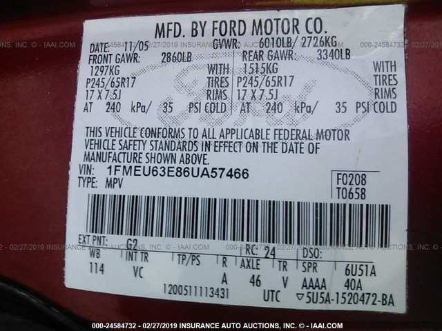 1FMEU63E86UA57466 - 2006 FORD EXPLORER XLT MAROON photo 9