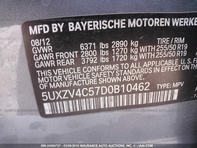 5UXZV4C57D0B10462 - 2013 BMW X5 XDRIVE35I Gris foto 9