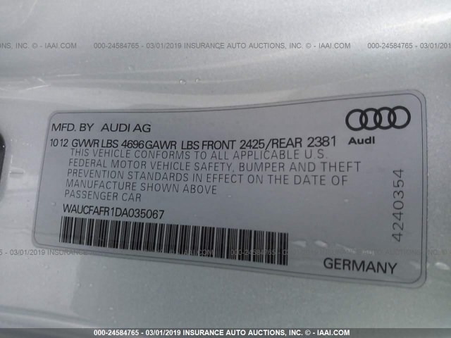 WAUCFAFR1DA035067 - 2013 AUDI A5 PREMIUM SILVER photo 9