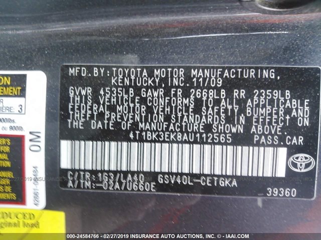 4T1BK3EK8AU112565 - 2010 TOYOTA CAMRY SE/LE/XLE GRAY photo 9