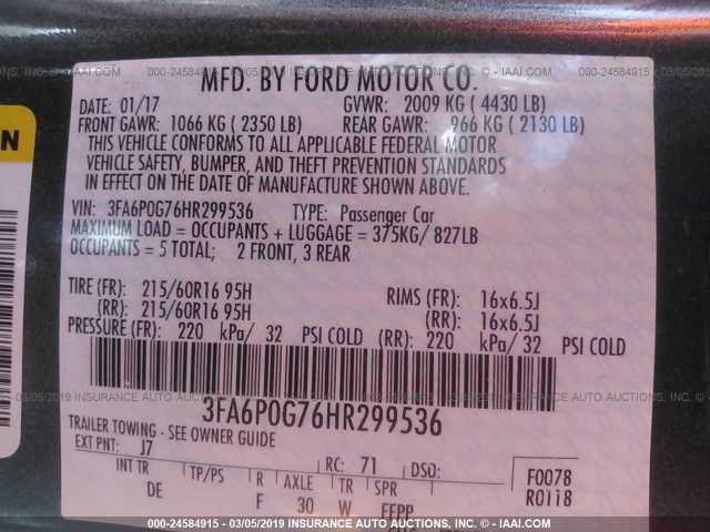 3FA6P0G76HR299536 - 2017 FORD FUSION S GRAY photo 9