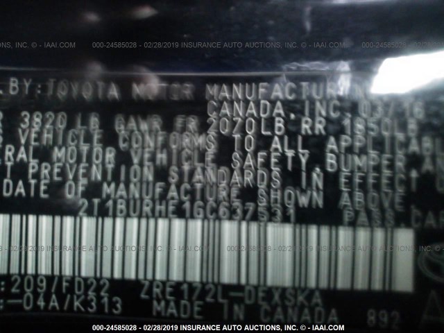 2T1BURHE1GC637531 - 2016 TOYOTA COROLLA L/LE/LE PLS/PRM/S/S PLS შავი ფოტო 9