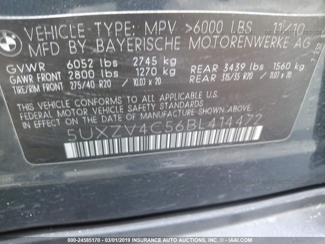 5UXZV4C56BL414472 - 2011 BMW X5 XDRIVE35I GRAY photo 9