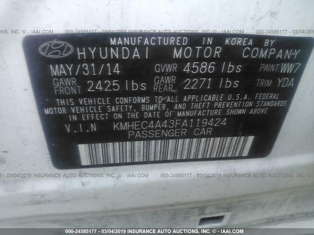 KMHEC4A43FA119424 - 2015 HYUNDAI SONATA HYBRID/LIMITED WHITE photo 9