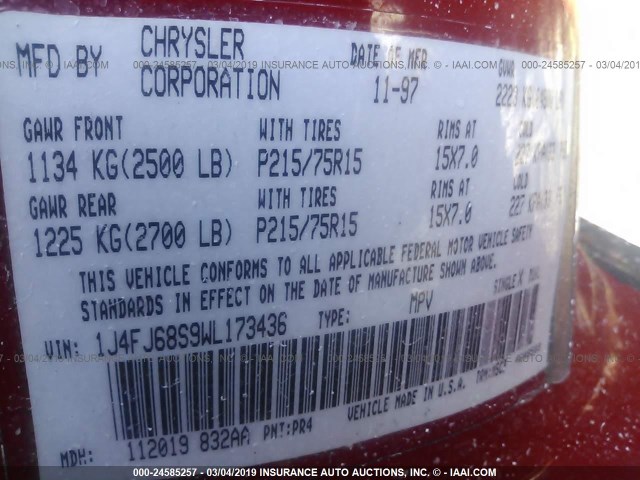 1J4FJ68S9WL173436 - 1998 JEEP CHEROKEE SPORT/CLASSIC წითელი ფოტო 9