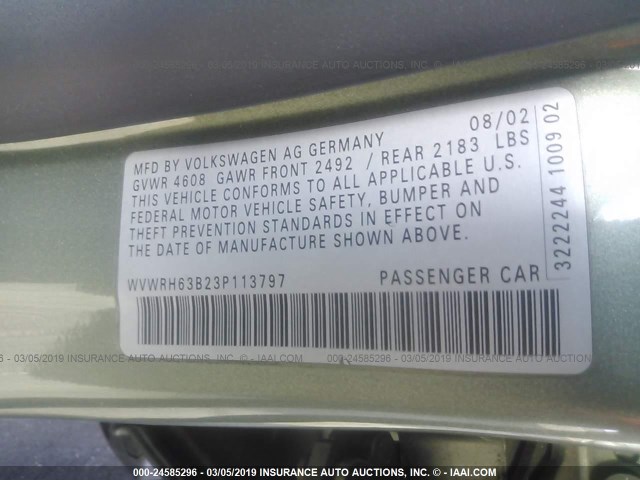 WVWRH63B23P113797 - 2003 VOLKSWAGEN PASSAT GLX 绿色 照片 9