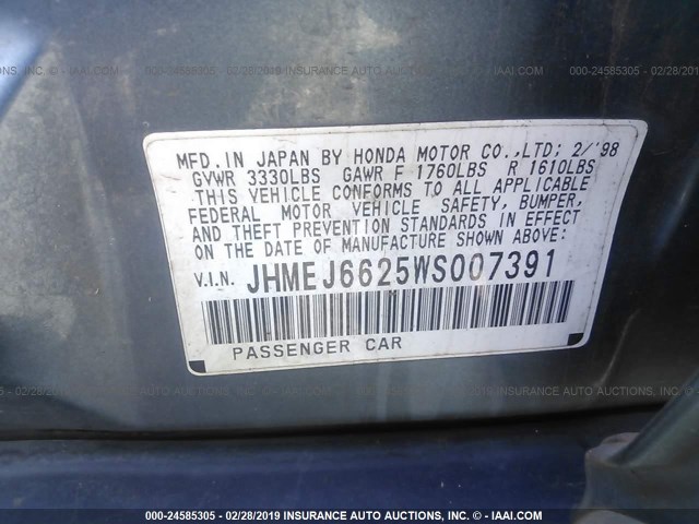 JHMEJ6625WS007391 - 1998 HONDA CIVIC DX BLUE photo 9