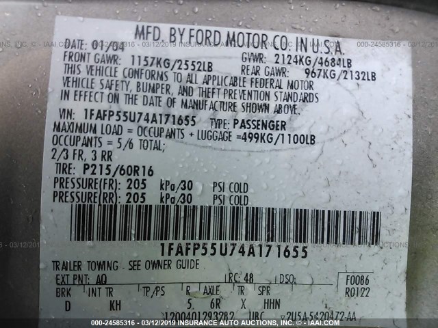 1FAFP55U74A171655 - 2004 FORD TAURUS SES BROWN photo 9