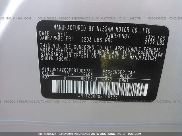 JN1AZ0CP0BT006761 - 2011 NISSAN LEAF SV/SL SILVER photo 9