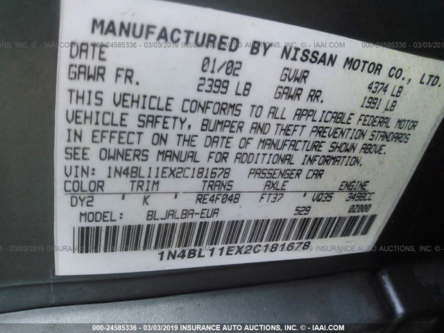 1N4BL11EX2C181678 - 2002 NISSAN ALTIMA SE TEAL photo 9