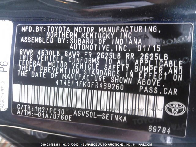 4T4BF1FK0FR469260 - 2015 TOYOTA CAMRY LE/XLE/SE/XSE BLACK photo 9