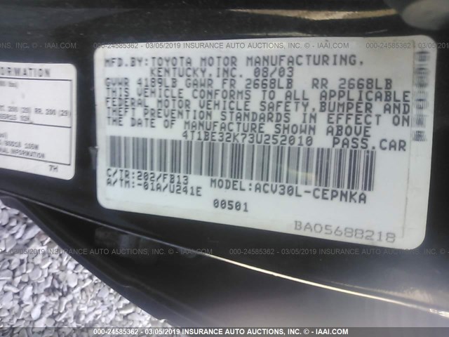 4T1BE32K73U252010 - 2003 TOYOTA CAMRY LE/XLE/SE BLACK photo 9