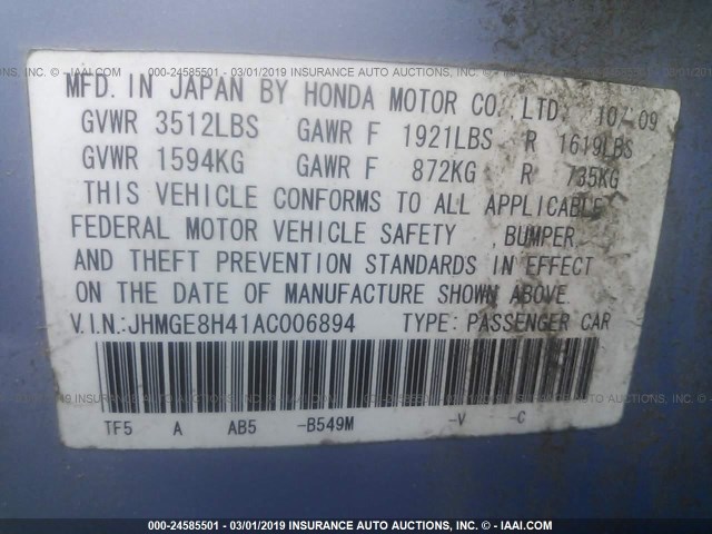 JHMGE8H41AC006894 - 2010 HONDA FIT SPORT BLUE photo 9