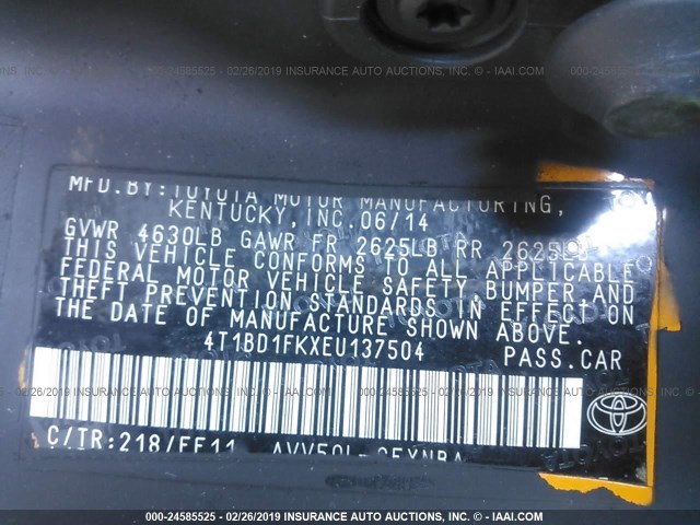 4T1BD1FKXEU137504 - 2014 TOYOTA CAMRY HYBRID/LE/XLE 黑色 照片 9