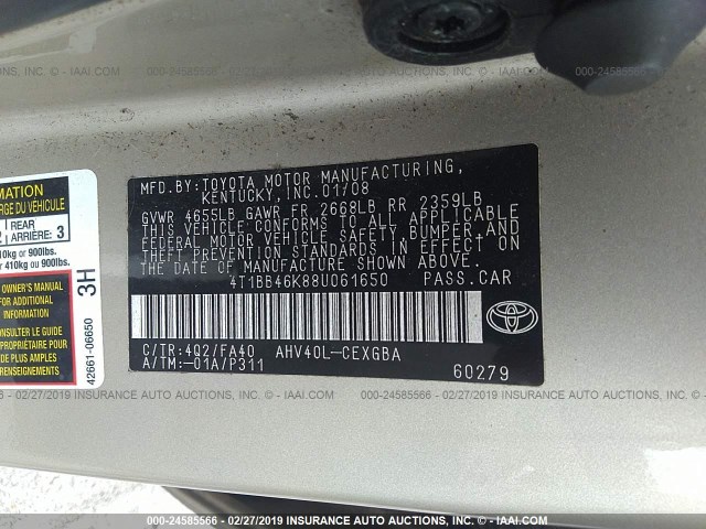 4T1BB46K88U061650 - 2008 TOYOTA CAMRY HYBRID GOLD photo 9