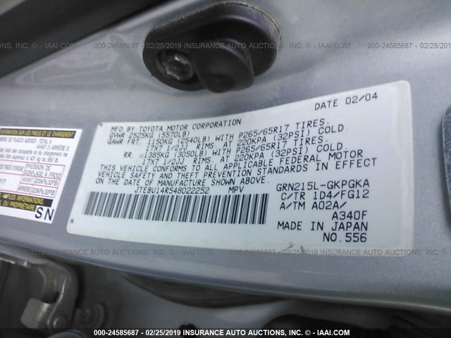 JTEBU14R548022252 - 2004 TOYOTA 4RUNNER SR5/SPORT SILVER photo 9