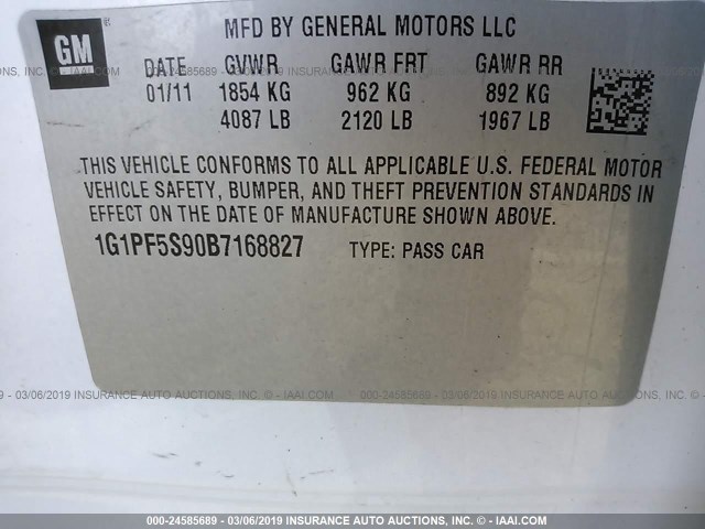 1G1PF5S90B7168827 - 2011 CHEVROLET CRUZE WHITE photo 9