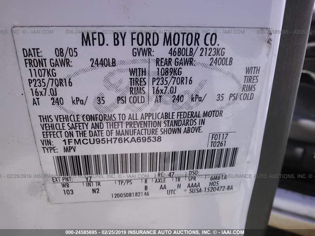 1FMCU95H76KA69538 - 2006 FORD ESCAPE WHITE photo 9