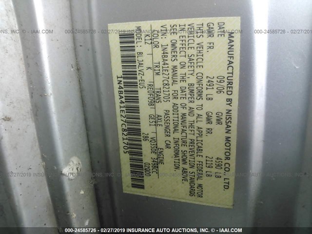 1N4BA41E27C821705 - 2007 NISSAN MAXIMA SE/SL SILVER photo 9