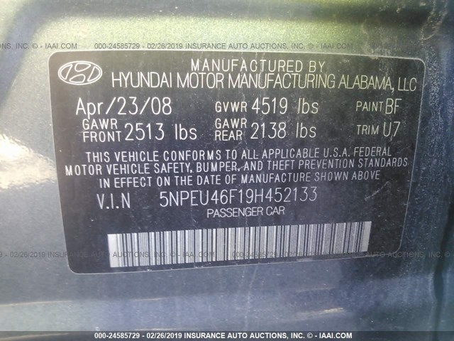 5NPEU46F19H452133 - 2009 HYUNDAI SONATA SE/LIMITED GRAY photo 9